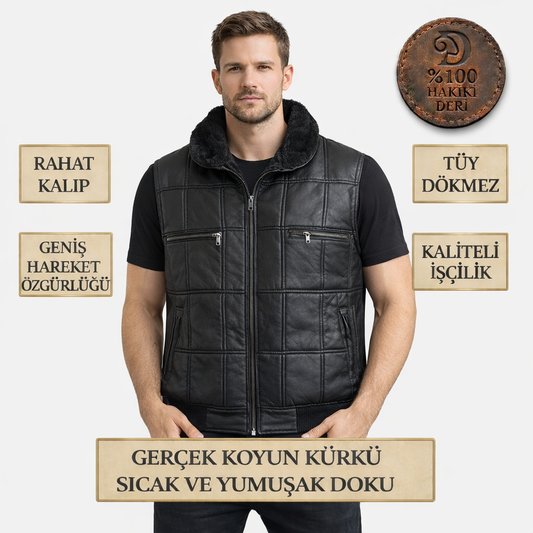 Hakiki Deri Kürklü Yakalı Siyah Yelek