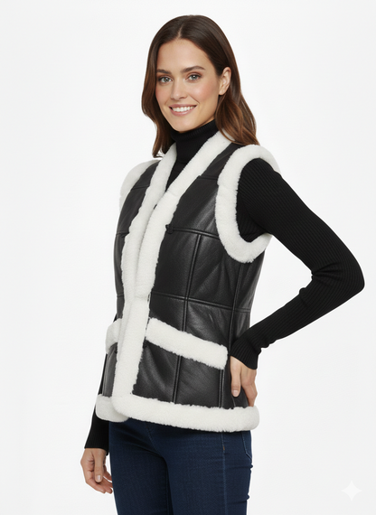 Hakiki Deri Kürklü Siyah Bayan Yelek - Fermuarlı ve Düğmeli