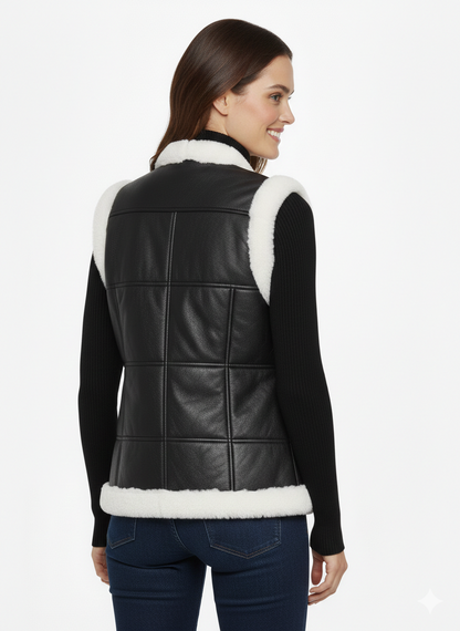Hakiki Deri Kürklü Siyah Bayan Yelek - Fermuarlı ve Düğmeli